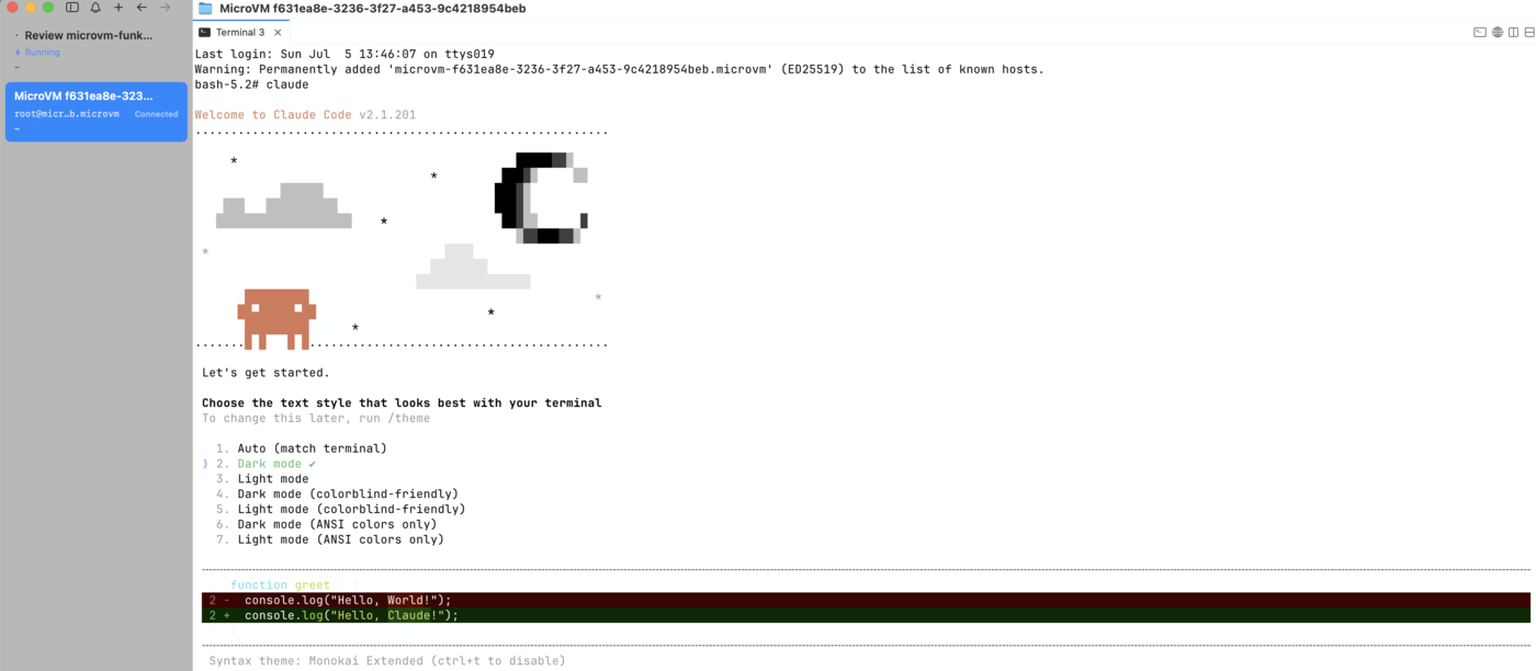 Claude Code running interactively inside the disposable MicroVM, authenticated from the pushed Keychain credentials